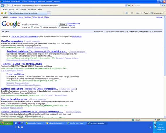 Screenshot of Nº1 placement in Google 28/09/08